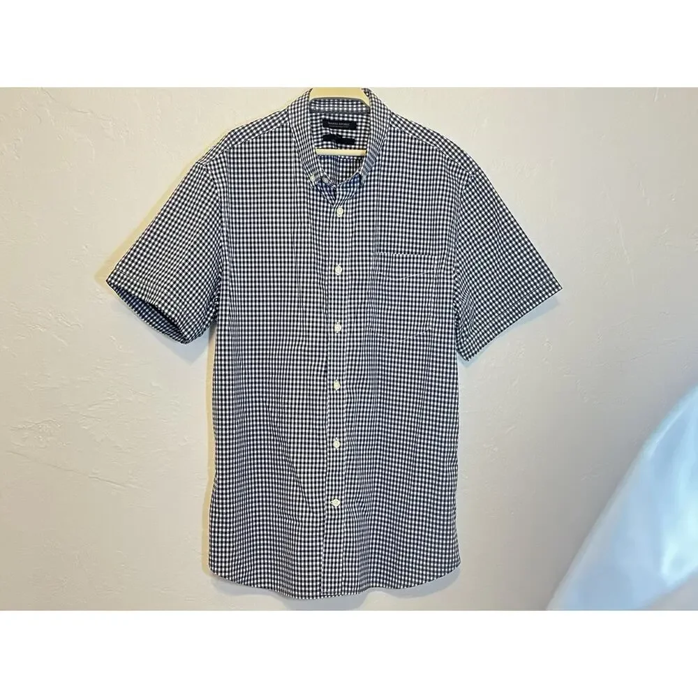 Banana Republic Mens Slim Fit Gingham Short Sleeve Button Down Shirt Navy Blue L
